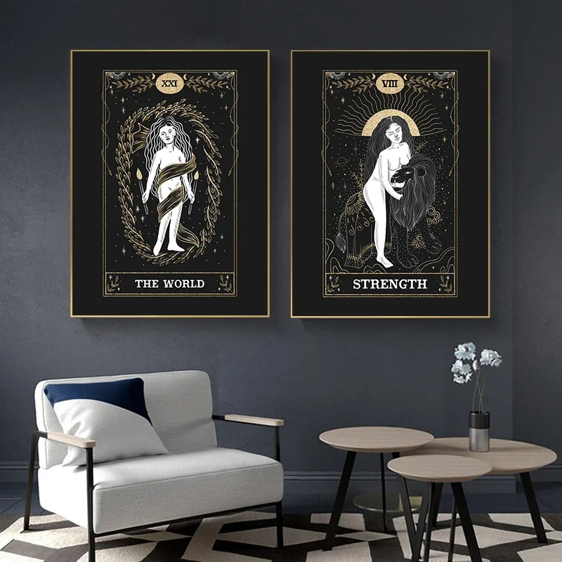 Black Gold Psychedelic Sun Moon Tarot Card Poster Hippie Astrology Divination Witchcraft Canvas Painting Wall Room Boho Decor