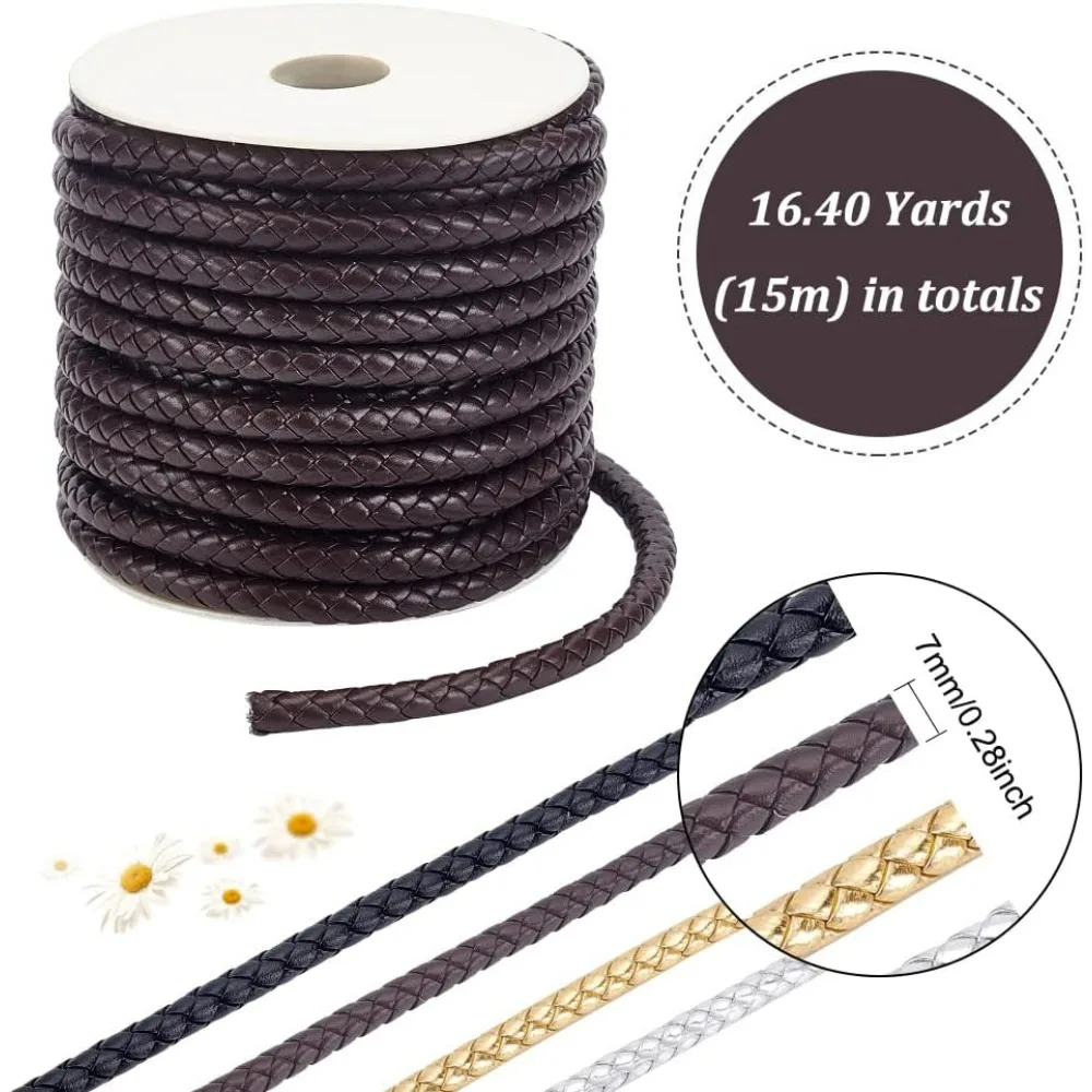 16.4 Yards Round Braided Leather Strap Coconut Brown PU Leather Braided Bolo Leather for Jewelry Making Wraps making kit