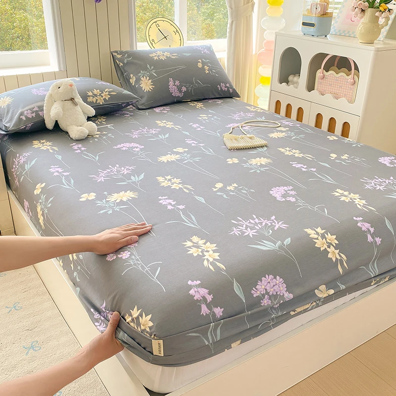Lençóis de Cama 100% Algodão com Estampa Floral, Tamanhos Solteiro/Queen/King, Lençol de Elástico de Algodão Puro, Lençol de Cama de Casal, Lençol de Cama
