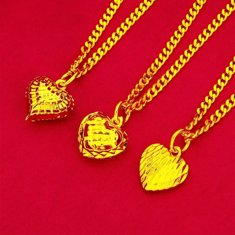 

Вьетнамское золотое плоское ожерелье с цепочкой и подвеской в виде полого сердца, набор с браслетом, 50 см, женские украшения оптом