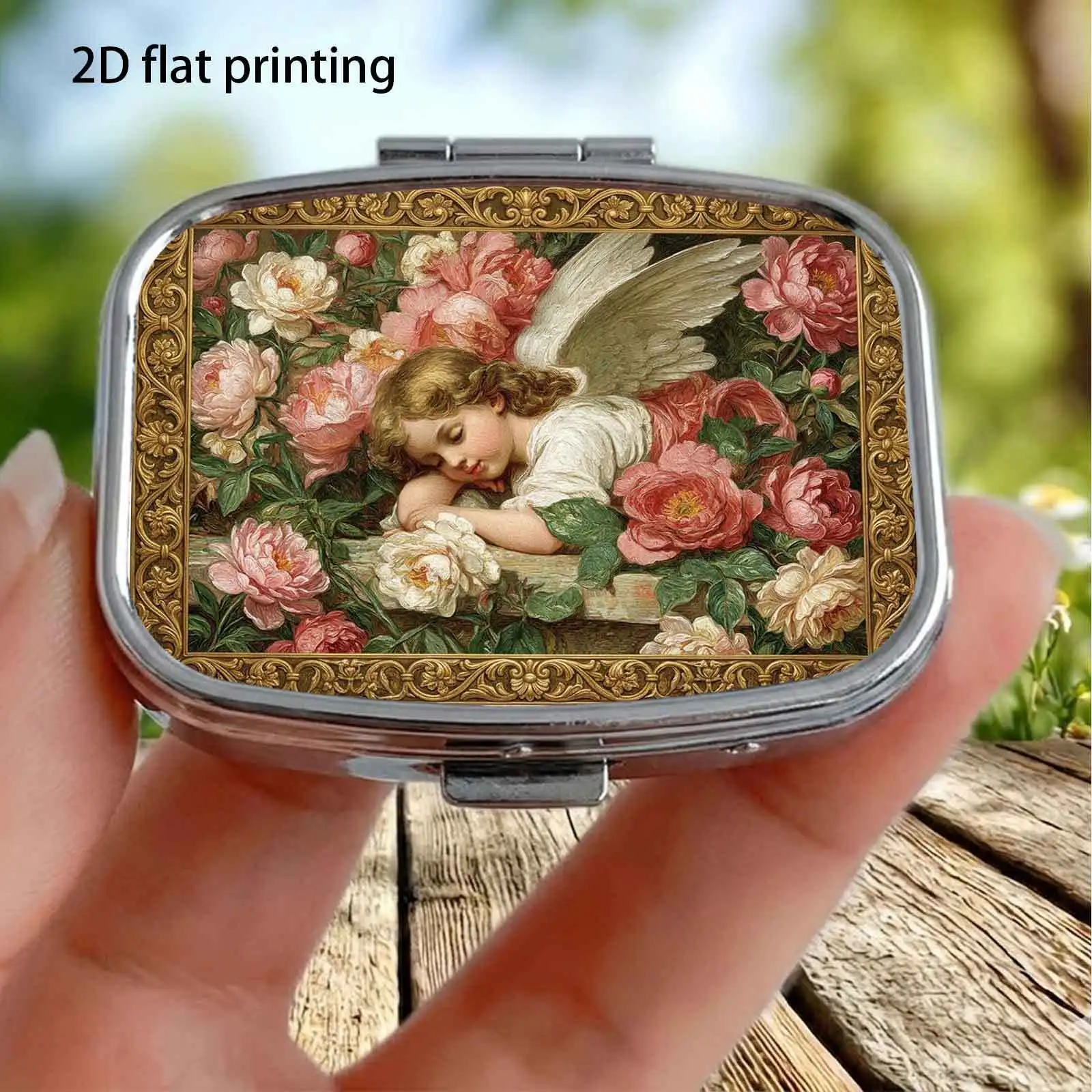 Single piece, flat, vintage brown frame with floral motifs holding a rose, delicate painting pattern, small square compartment, portable medicine storage box, also suitable as a portable home organizer, decorative box, handbag, wallet