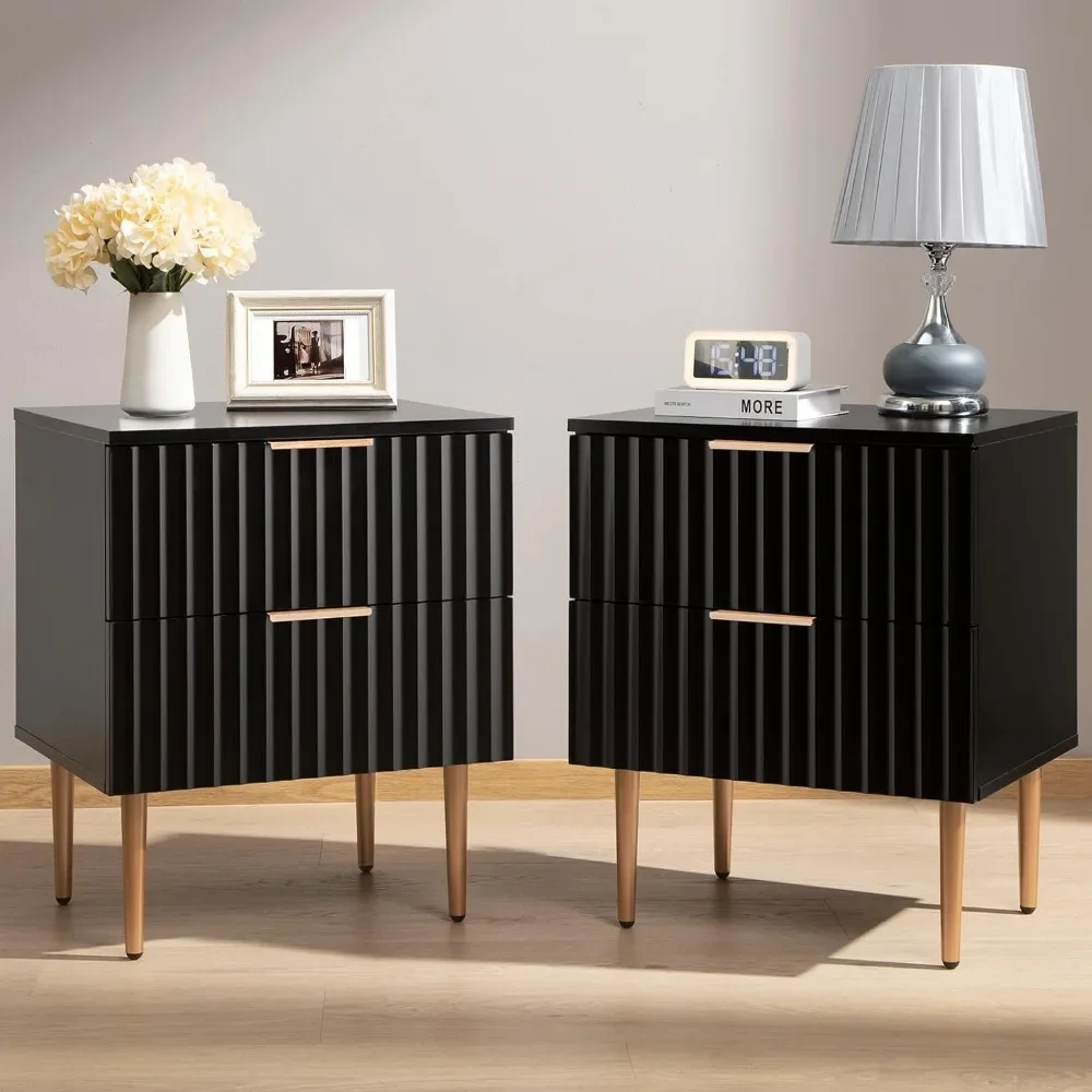 Night Stand Set 2, Wide Fluted Nightstand with 2 Drawers, Modern Glossy Storage Bedside Table for Bedroom, End Side Table