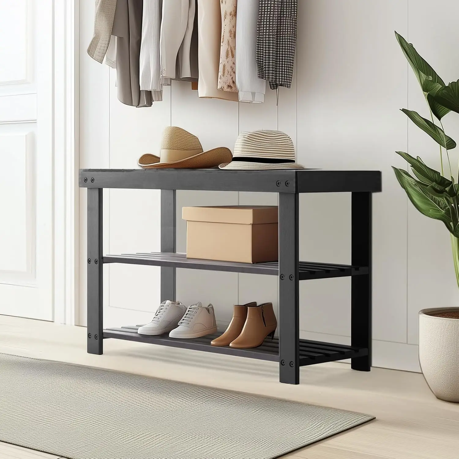 Panca per scarpiera in bambù a 3 livelli, supporto per organizer per ingresso per porta d'ingresso, camera da letto, soggiorno, nero