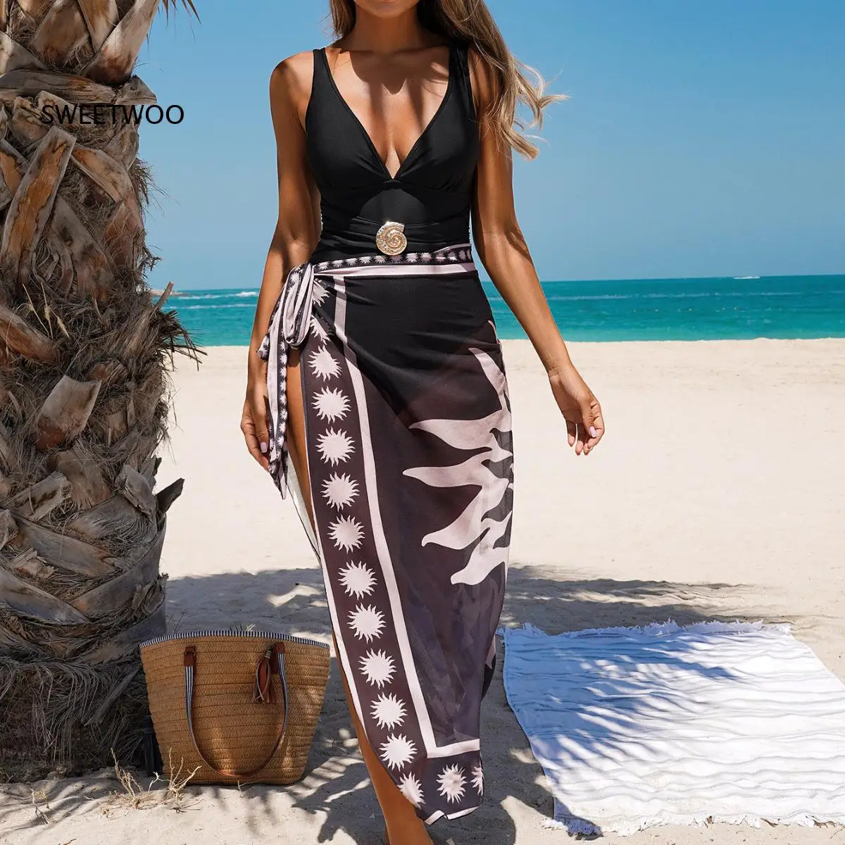 Women V Neck One Piece Swimsuit with Sun Leaf Print Wrap Cover Up Skirt Shell Waist Decor Two Piece Beach Outfit