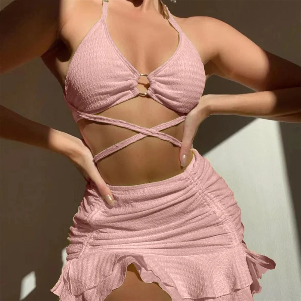 Sexy Bandage Backless Bikini Drawstring Ruffles Skirt Pleated Swimsuit Women Vacation Swimwear 3 Piece Beach Outfit Bathing Suit