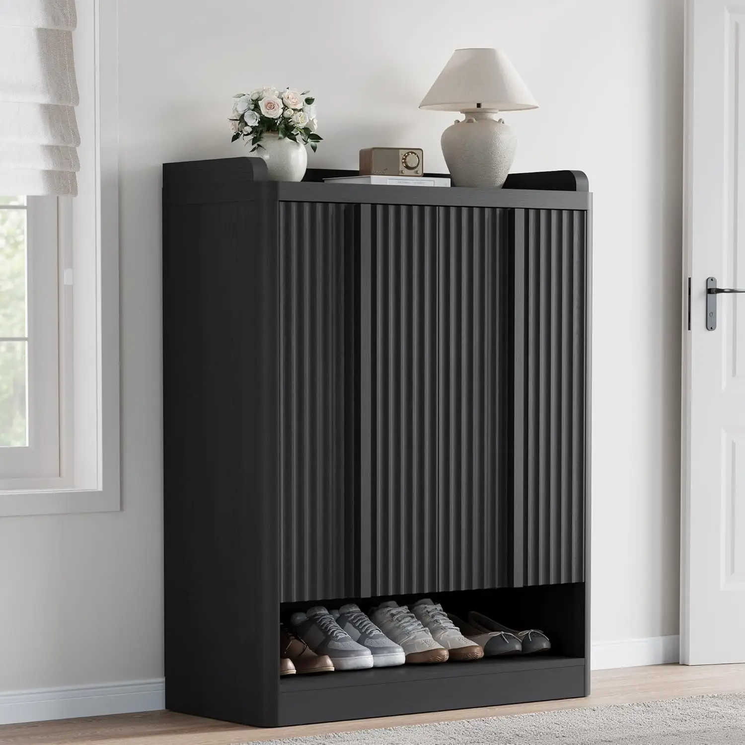 

Fluted Shoe Storage Cabinet for Entryway – 45" Tall, 6-Tier Shoe Organizer with 4 Adjustable Shelves, Mid-Century Frees