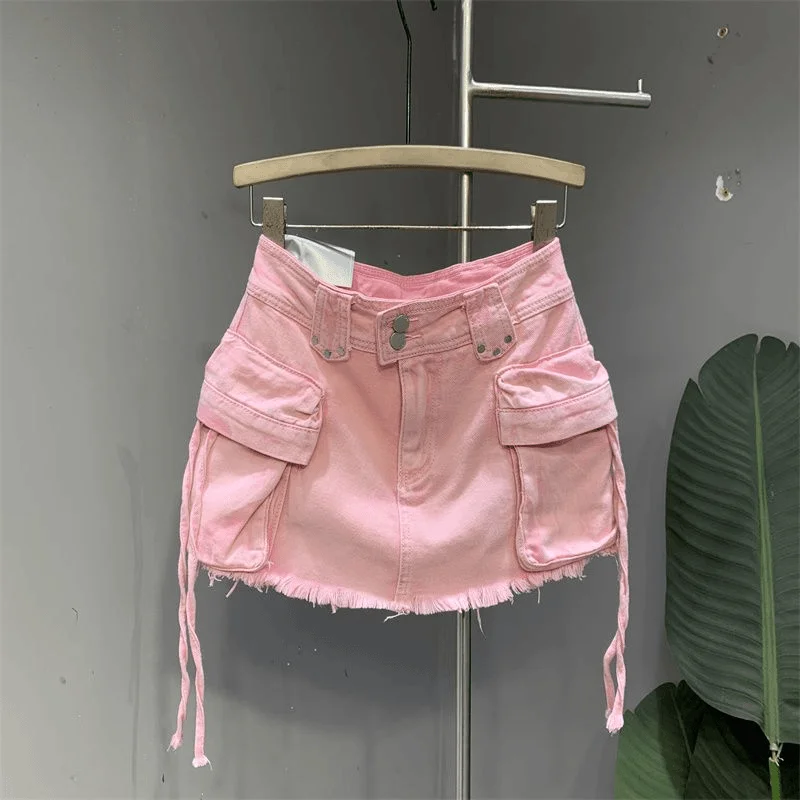 

Solid Pink Color Mini A line Skirts Sexy Hurajuku Y2K Skirt Women Denim Skirts Fashion Streetwear Hot Girls Versatile Hip Skirt