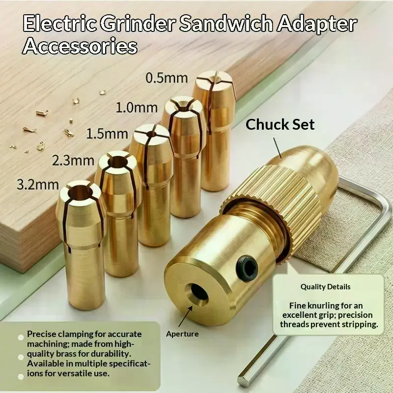 7-piece Set 0.5-3mm Mini Drill Chucks Micro Collet Copper W/Wrench Adapter Household Electricity Acc For Power Rotary Tool