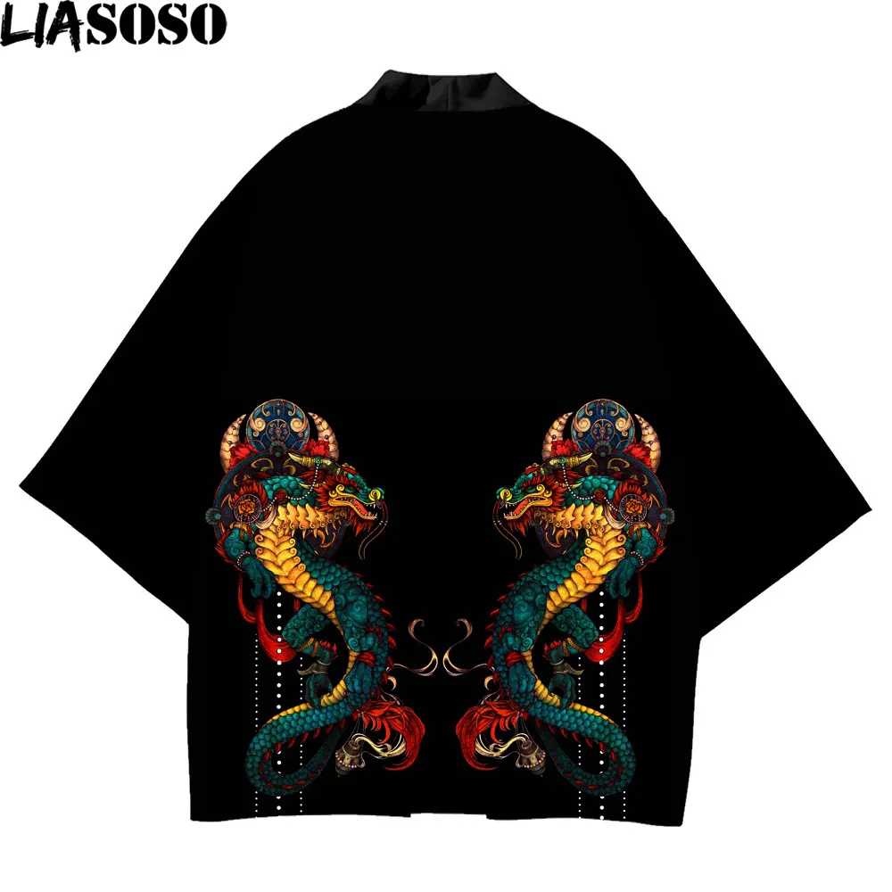 LIASOSO Black Kimono Dragon Asian Traditional Feather Top Taihei Yukata Anime Ukiyo-e Dress Homme Cardigan Cosplay Kimonos