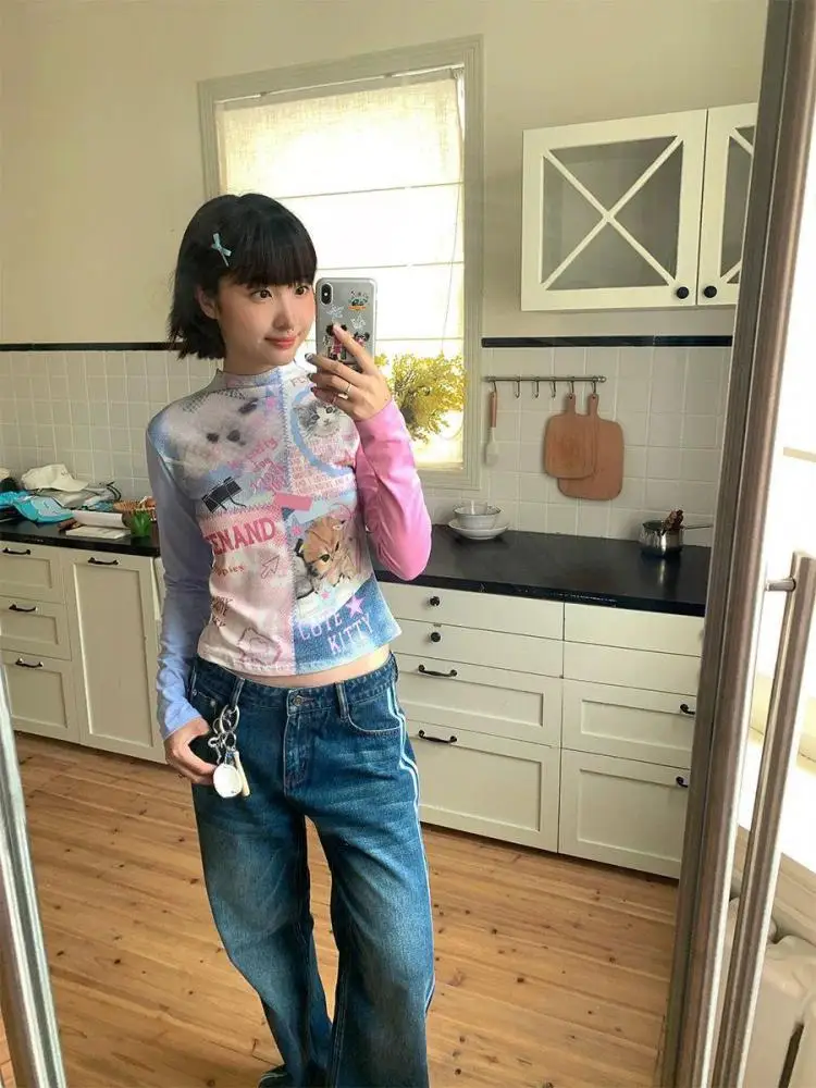 Seeslim Cartoon Graphic T Shirts Woman Clothes Long Sleeve Japan Style Tees 2000s Clothes Y2k T-shirt Kawaii Autumn Tops Chic