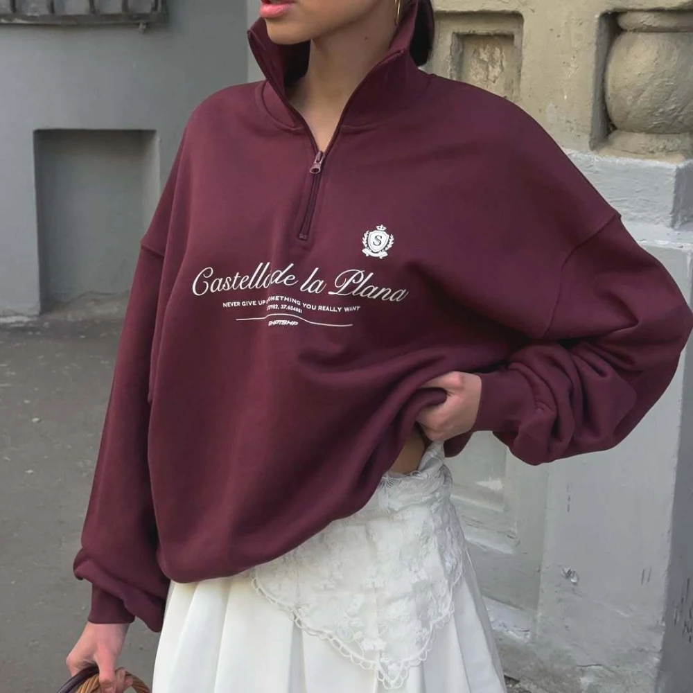 Sweat-shirt rétro style Preppy américain avec lettres imprimées, demi-fermeture éclair, col rabattu, chemises à revers, vin blanc, rouge, loisirs pour jeunes femmes