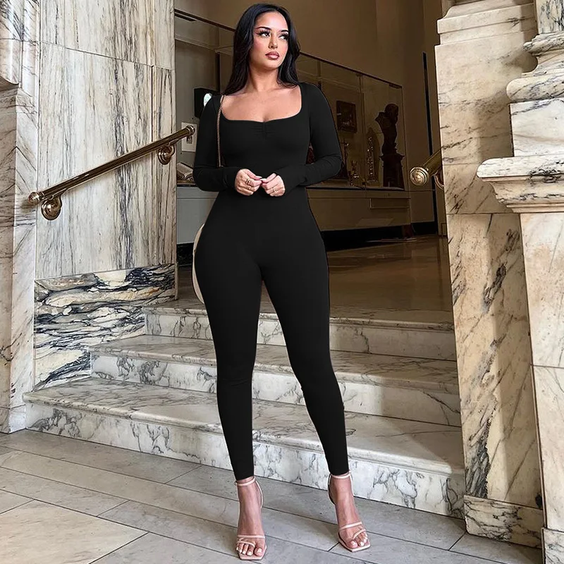 

European and American fashion new solid color square collar pleated long sleeve slim exercise yoga jumpsuit women