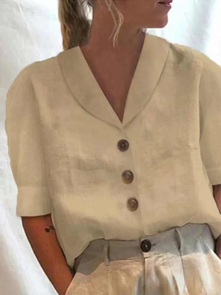 2023 new women's shirt stand collar button casual long short sleeve cotton linen solid color blouse women