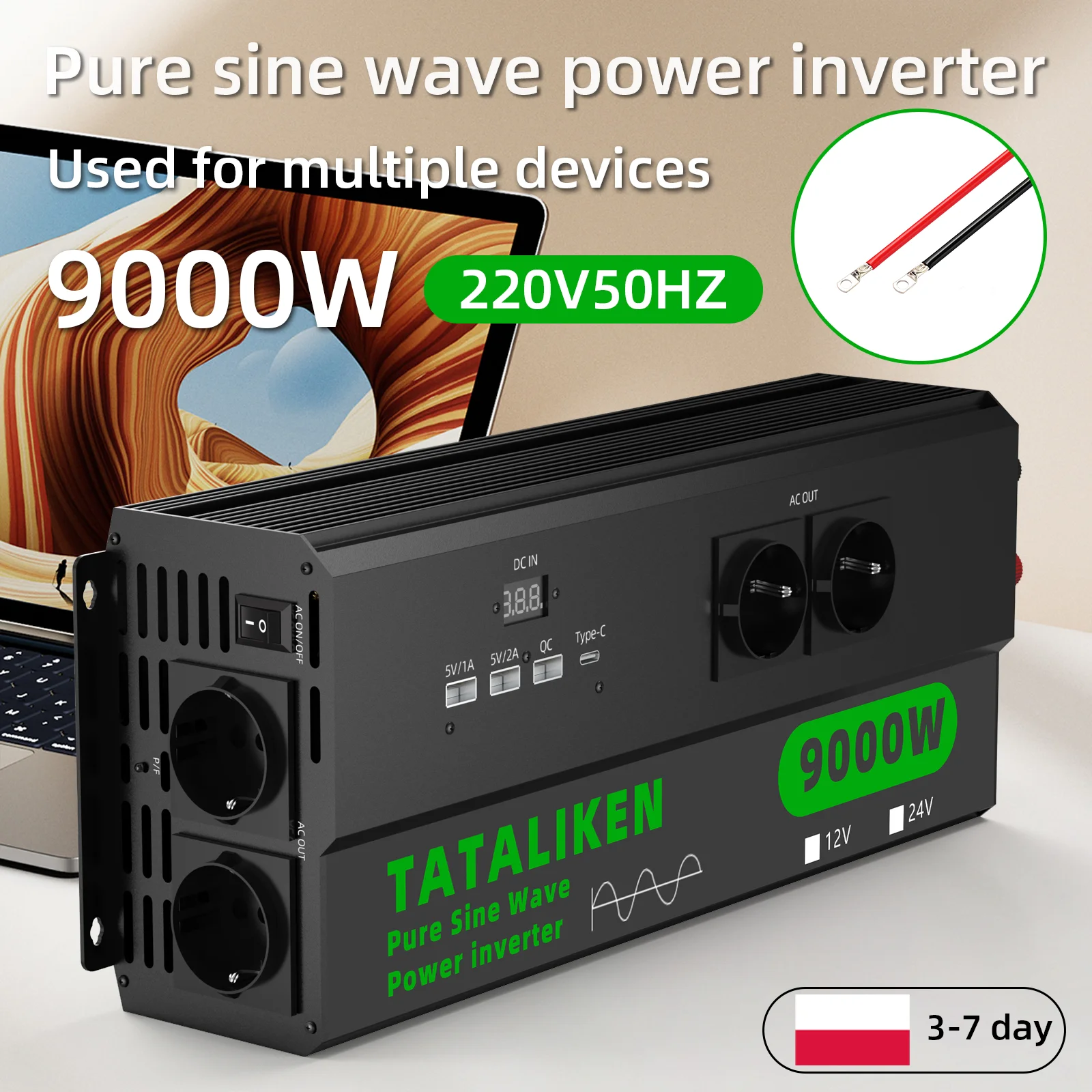 6000W Reiner Sinus-Wechselrichter DC 12V zu AC 220V 50Hz, 4 EU-Schuko-Steckdosen, Digitalanzeige & Auto-Thermostat-Lüfter für Auto