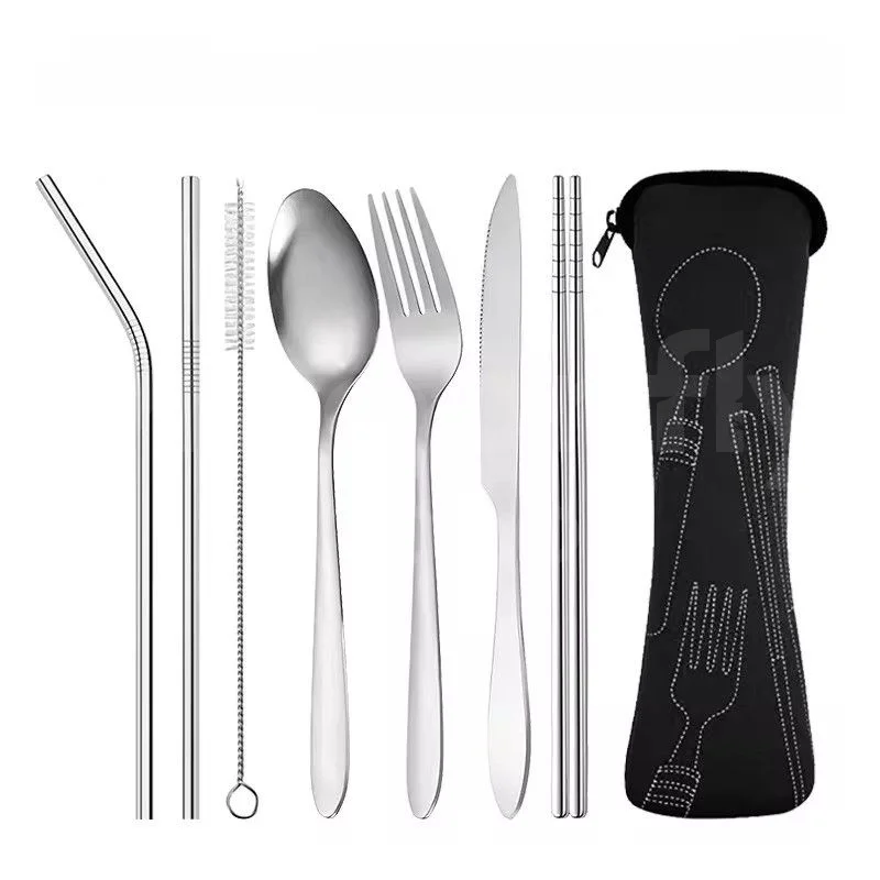 

7pcs/ Set Stainless Steel Tableware Set Outdoor Portable Cloth Bag Knife Fork Spoon Chopsticks Straw Rich Flowers Seven Sets