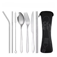 7pcs/ Set Stainless Steel Tableware Set Outdoor Portable Cloth Bag Knife Fork Spoon Chopsticks Straw Rich Flowers Seven Sets