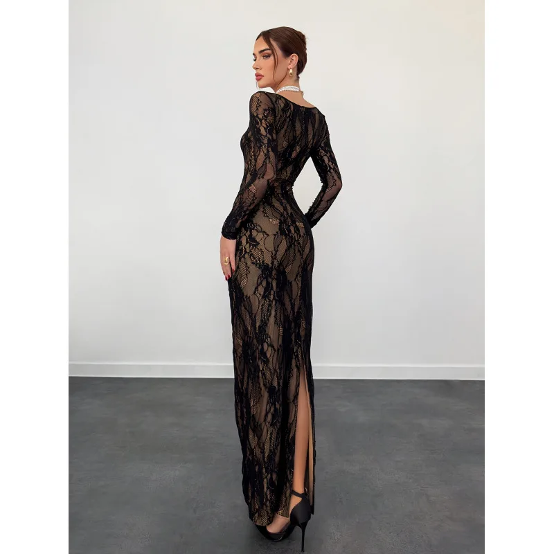 

2025 New Fashion Hip-covering Lace Slim Dress Women Autumn Sexy And Elegant Solid Color Slit Long-sleeved Dresses For Women