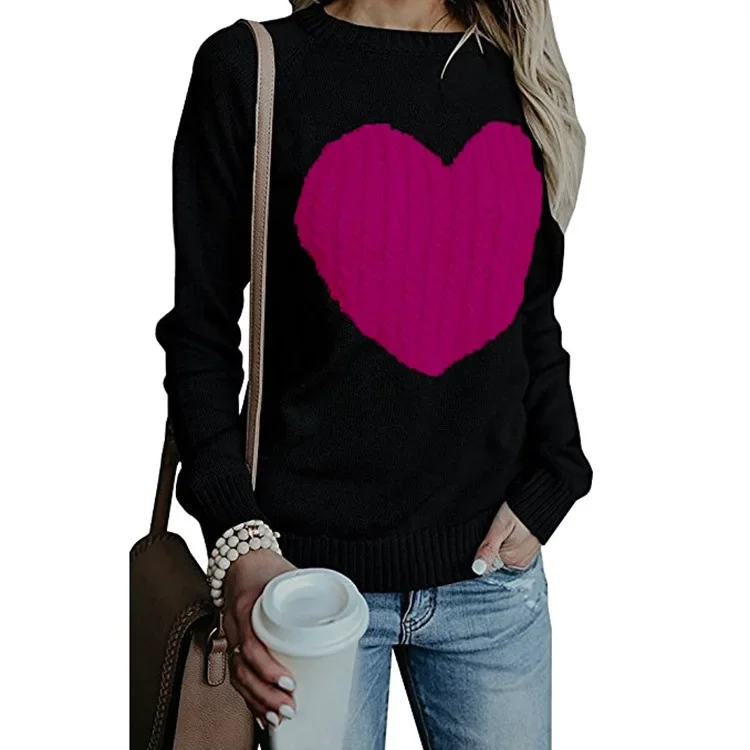 Heart Pattern Knit Pullover Sweater, Women Autumn and Winter New Spell Color Loose Round Collar Long-sleeve Knitted Sweater Top