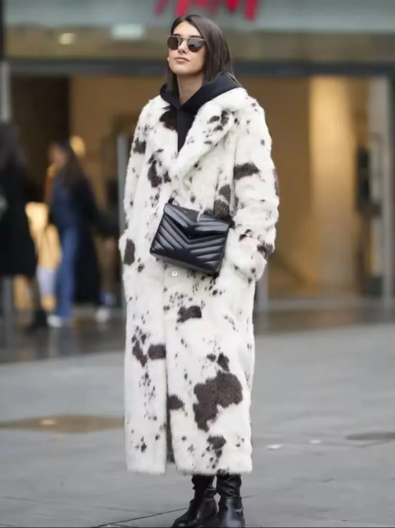 

ZADORIN Elegant Cow Pattern Lapel Long White Fox Faux Fur Coat Woman Loose Fluffy Faux Fur Jacket Winter Fur Coats Woman Clothes
