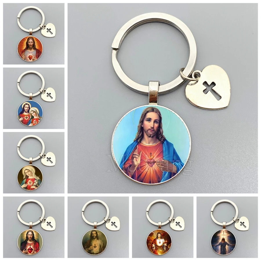 Jesus Sacred Heart Keychain Virgin Mary Glass Dome Key chain Catholic Men's and Women's Jewelry Gifts