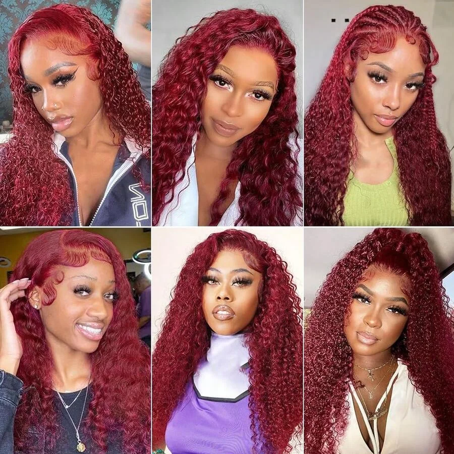 99J Burgundy Lace Front Wigs Human Hair 13x4 Water Wave Lace Front Wigs Human Hair Deep Curly Human Hair Lace Front Wigs - Image 6
