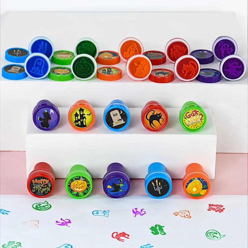 10Pcs Halloween Assorted Stamps Kids Self-ink Stamps Toy Gift Pumpkin Ghost Seal Kids Birthday  DIY Scrapbooking Decoration Gift