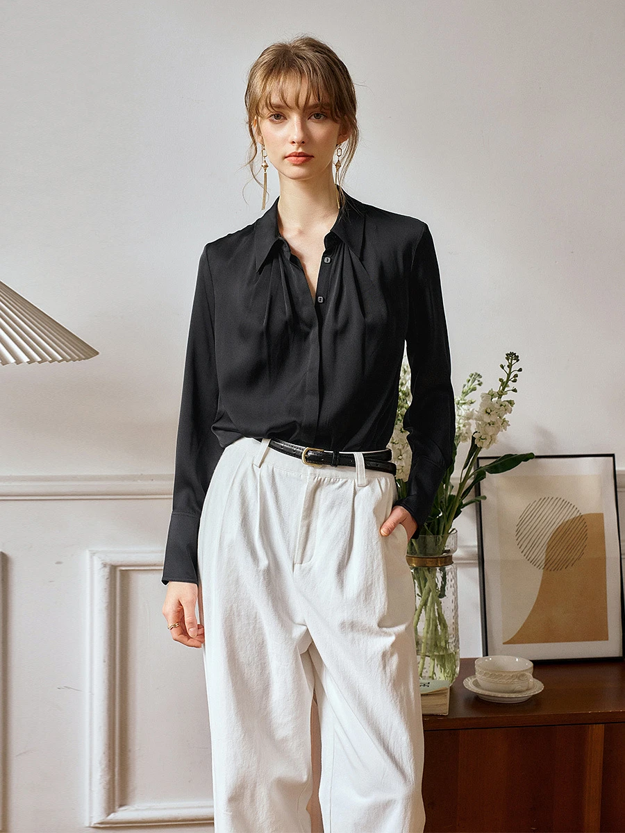 

OLrain Black Satin Women Shirt 2025 Spring Summer Straight Turn Down Collar Long Sleeve Folds Business Ladies Blouses M57CC96502