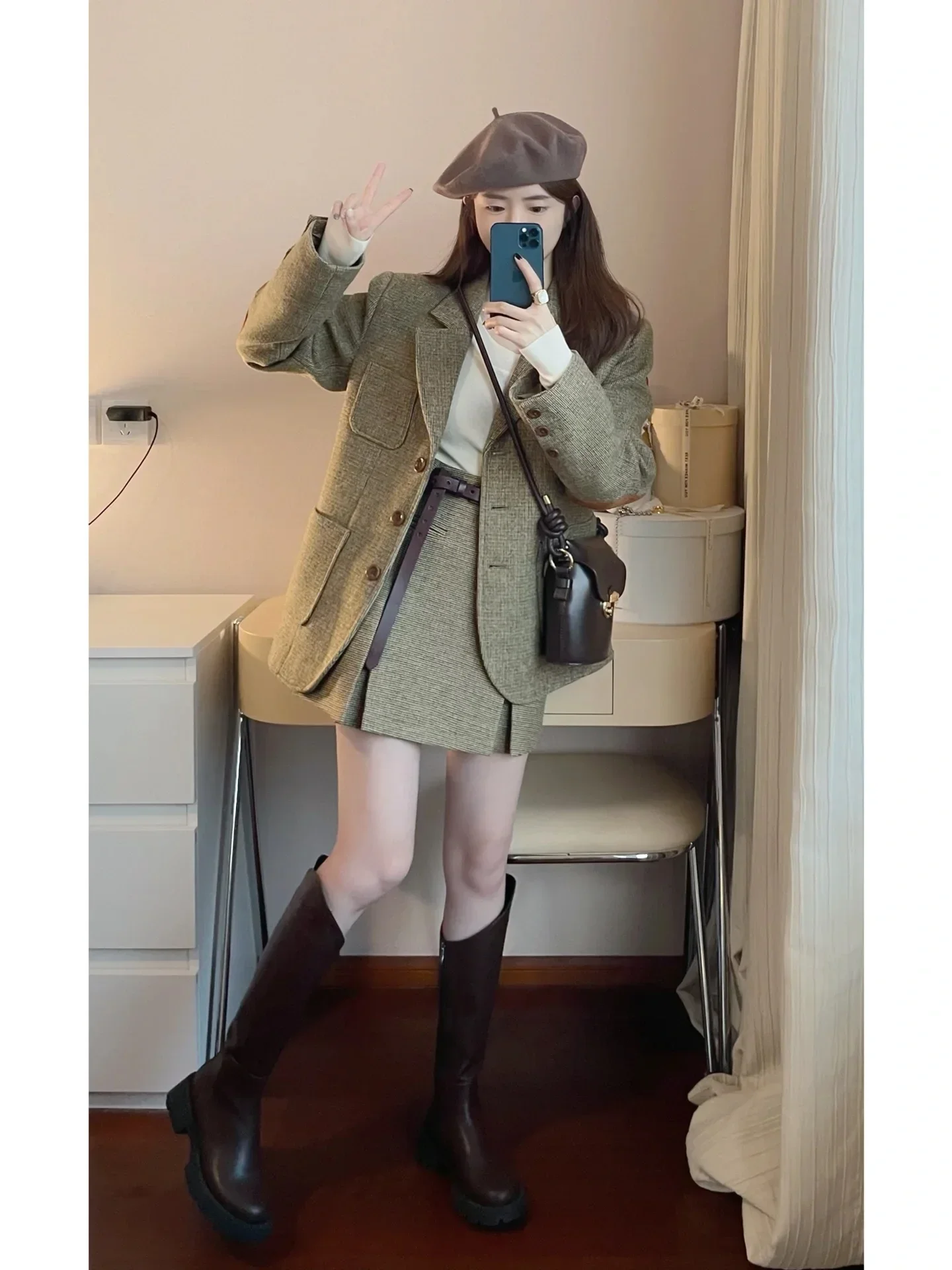 High-grade College Style Women's Suit Jacket Autumn and Winter Elegant Slim-fit Suit Top High Waist A-Line Skirt Two-piece Set