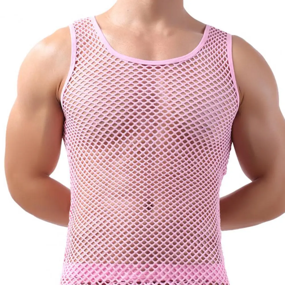 Visnet Mannen Sexy Mesh Tank Tops Transparante Slaap Tops Mannelijke Ondergoed Pure Kleur Vest Mouwloze Tops Ondergoed Mannelijke Hemd