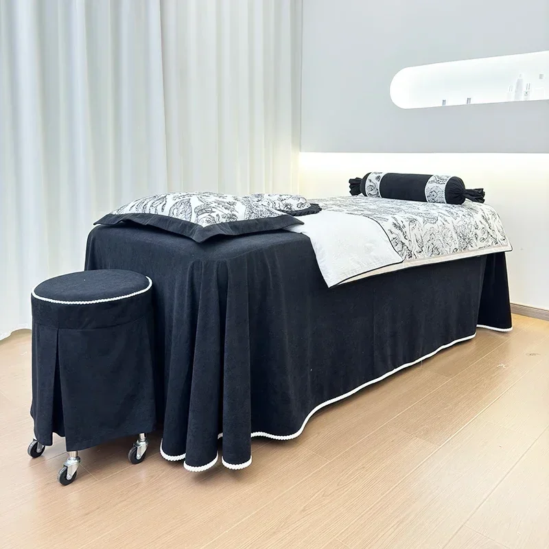 French retro Xiaoxiangfeng beauty bedspread four-piece set, high-end black and white massage and beauty salon special