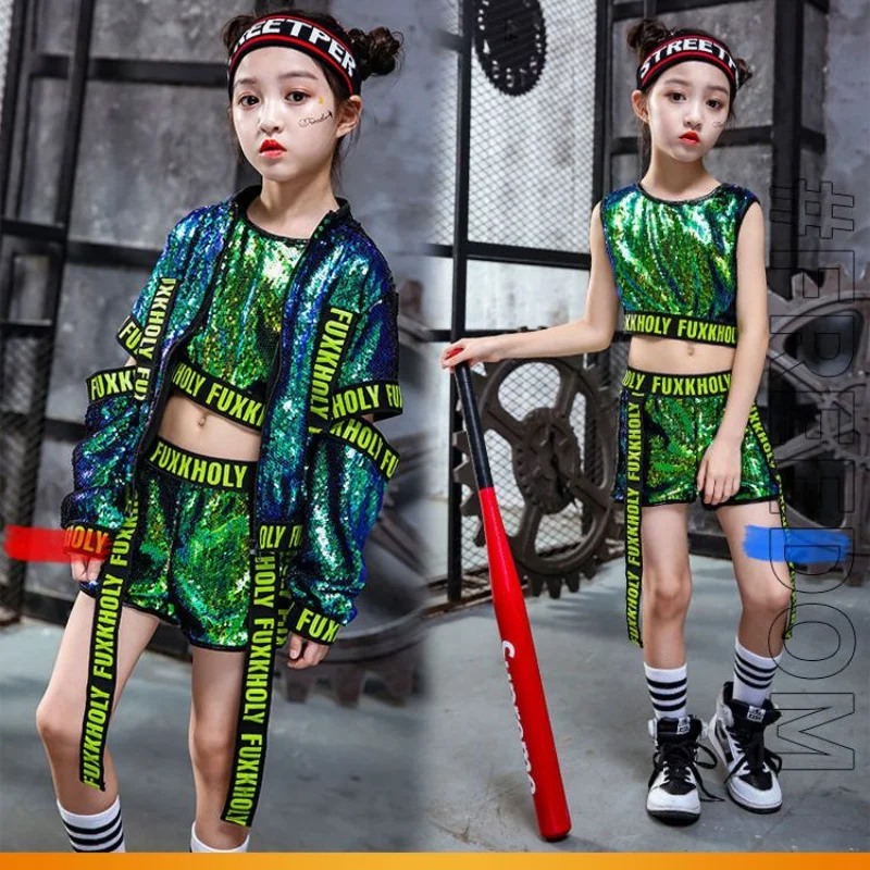 2023 Fashion Boys Hip-hop Set Girl Silver Color Jazz Dance Costume Children Performance Clothes Dance Costume Cool Rave Outfits
