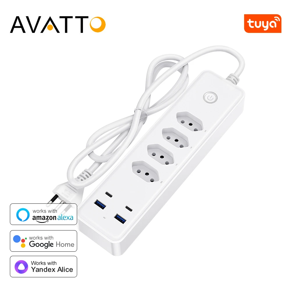 AVATTO Tuya WiFi Brazil Standard Plug Power Strip With 4 Outlets 2 USB 2 Type-C，Smart Power Strip Works With Alexa Google Home