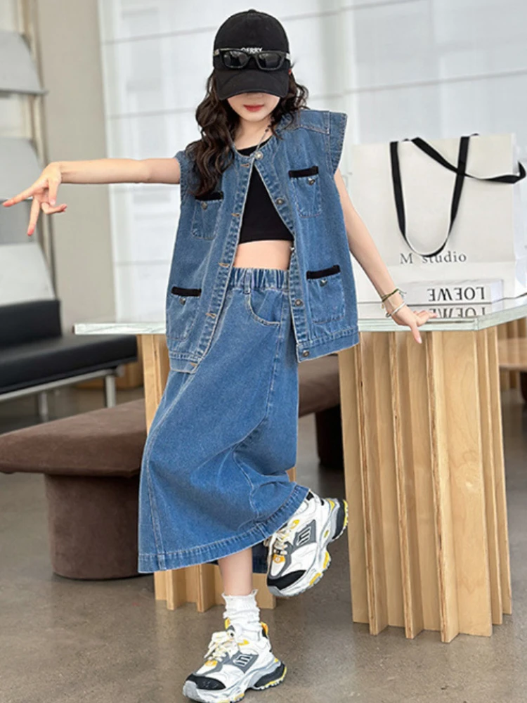 Girls Suits Denim Skirt Set 2024 New Spring Summer Children Blast Street Fashion Vest Children Two-piece Set Clothes Suits