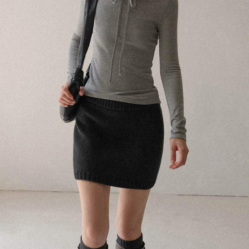 Solid Color Knitted Mini Skirts Women Elastic Waist Solid A-Line Skirt Black Slimming Basic Office Mini Skirts