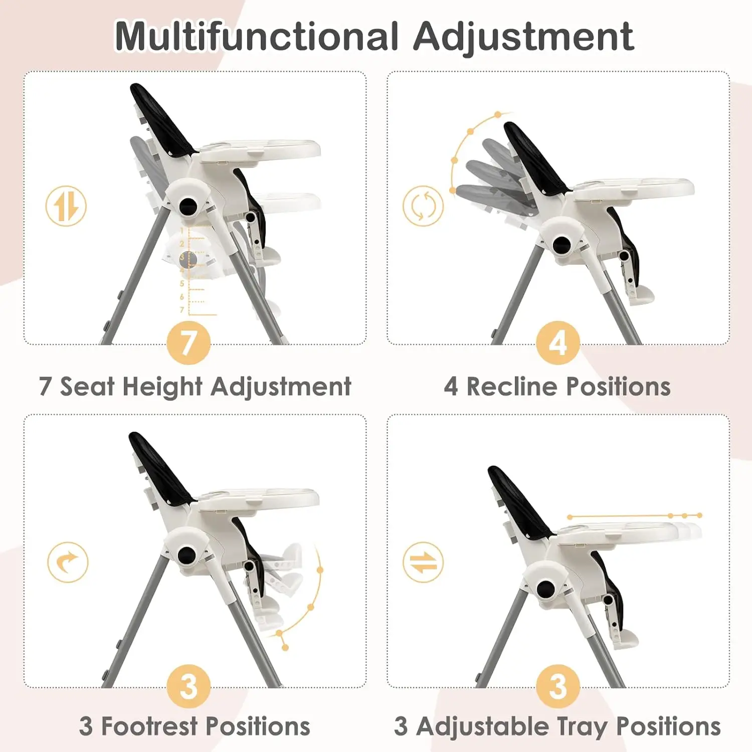 High Chair for Babies and Toddlers, Foldable Highchair with 7 Different Heights 4 Reclining Backrest Seat 3 Setting Footrest,