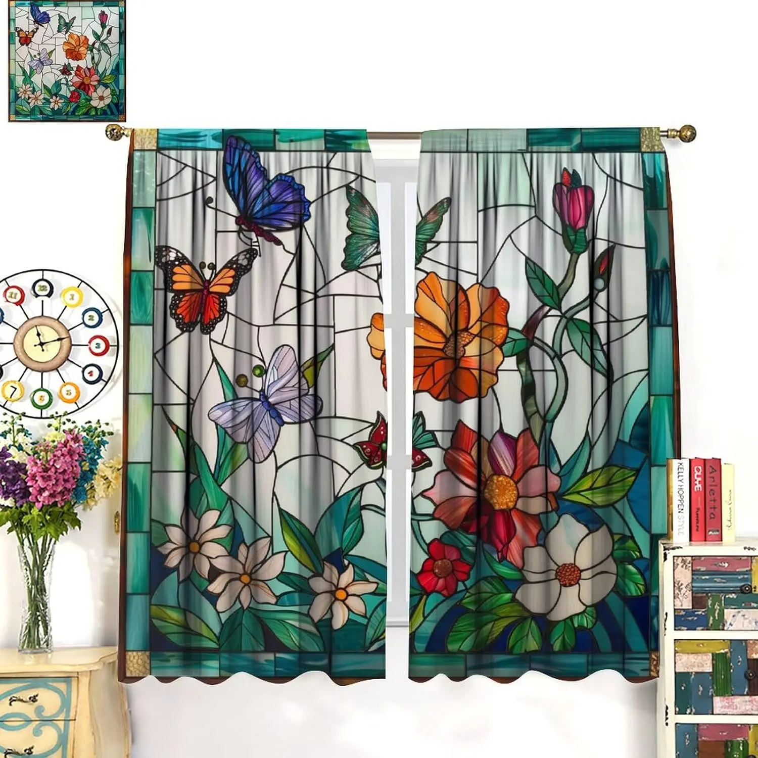Stained Glass Curtains,Boho Colorful Butterfly Flowers Mid Century Abstract Geometric Window Treatments for Bedroom Living Room