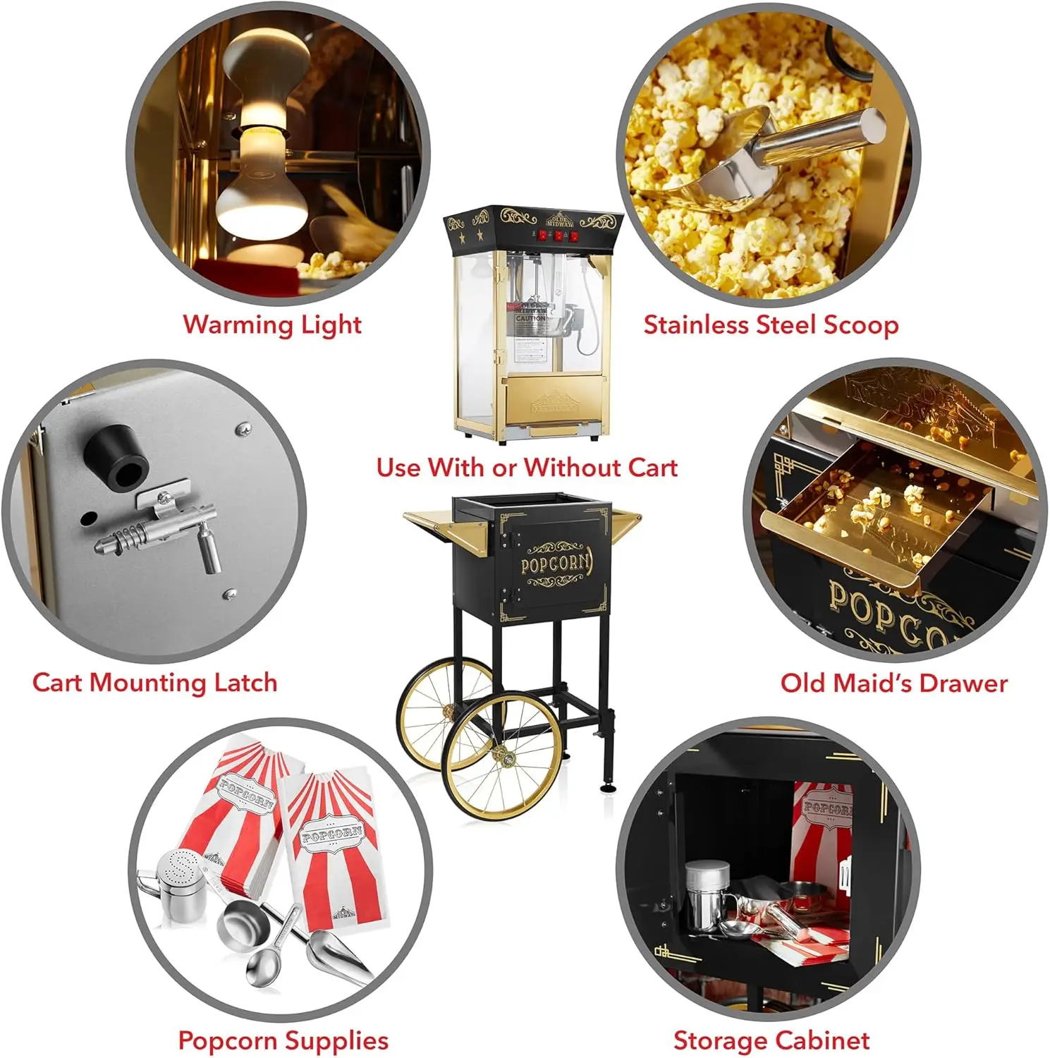 Midway Movie Theater-Style Popcorn Machine Maker with Cart and 8-Ounce Kettle - Black, Vintage-Style Popper on Wheels