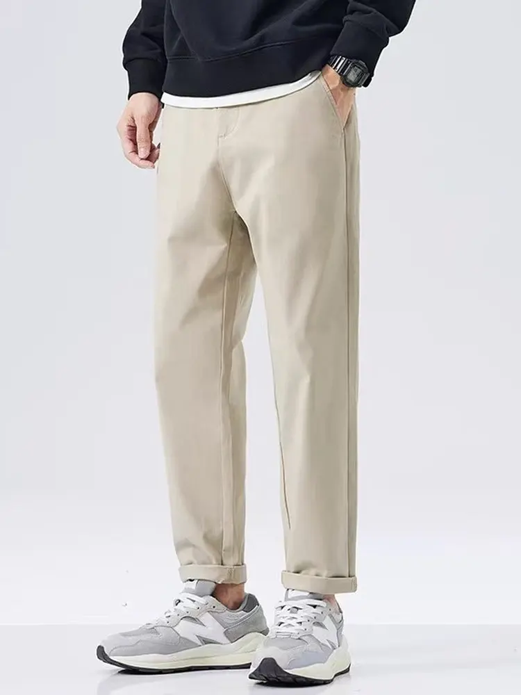 

Men's Straight Leg Cotton Casual Pants Pure Color Spring Autumn Versatile Daily Commute Faion Trend Nine Divide Work Pants