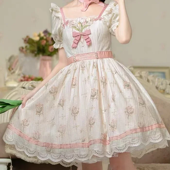 Original Sweet Pastoral Pearl Flower Birthday Dress for Women Summer Lolita Op Elegant Short Sleeve Mid-length Dresses Ladies