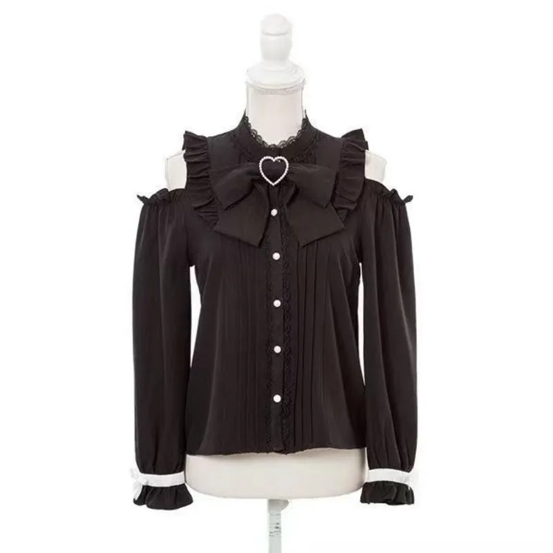 2025 Y2k Aesthetic Harajuku Style Women Lace Bow Long Sleeve Pink  Lolita Blouse  Gothic Jk Saia Feminina  Japaneses Tops Blusas