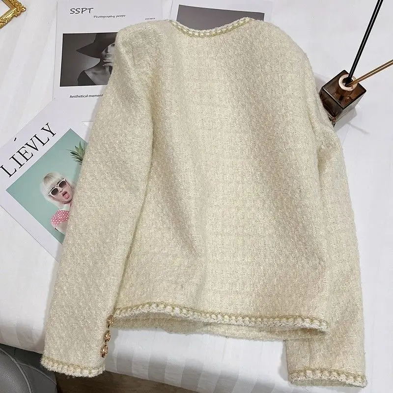 Women\'s Spring And Autumn Round Neck Woolen Cloth Temperament Lady Short Coat Off White Tweed Jacket