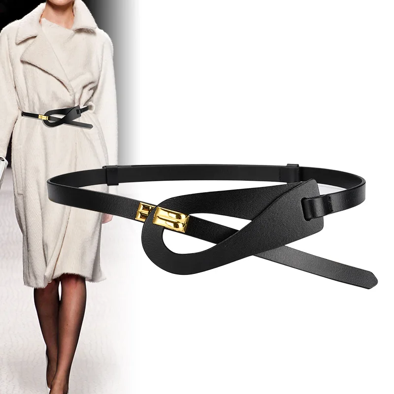 Two layer cowhide belt for women with no holes, adjustable outer decoration, real belt, versatile dress