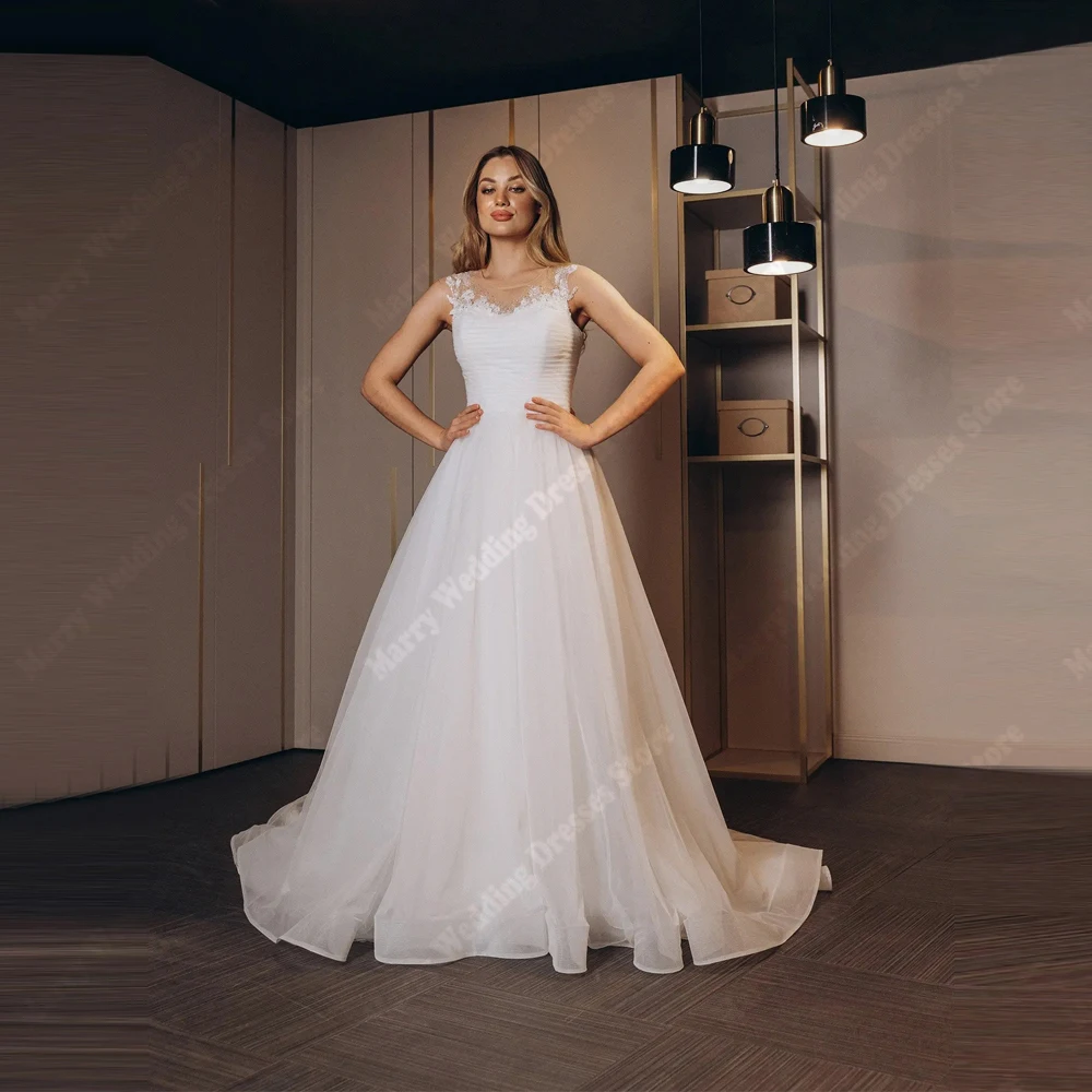 Suknie Ślubne Damskie w Kształcie Litery A z Dekoltem w Serek, Modne Koronkowe Suknie Ślubne z Tiulu z Kwiatowym Nadrukiem, Suknie Bankietowe Vestidos De Novias, Szyte na Miarę