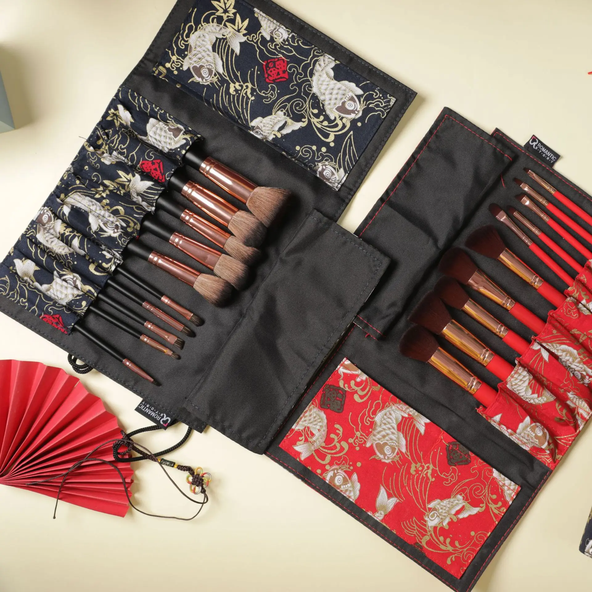 Estilo chinês Cosmetic Makeup Brush Set, Organizador de maquiagem, Face Foundation Brush, Cosmetic Bag