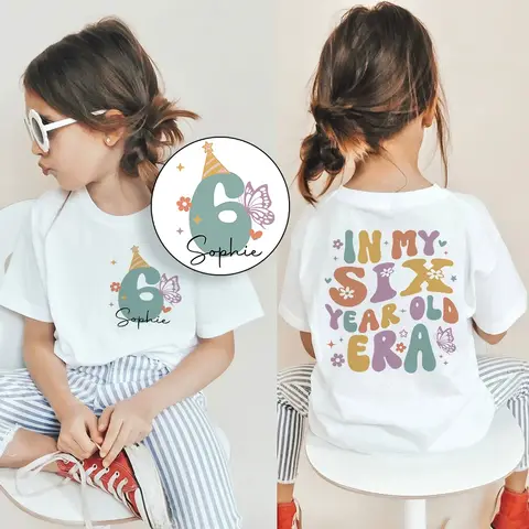 Personalised Girls Birthday Shirt Custom Name Kids 1-9 Year Birthday Party Outfit Child Short Sleeve T-shirt Girl Retro Tee Tops