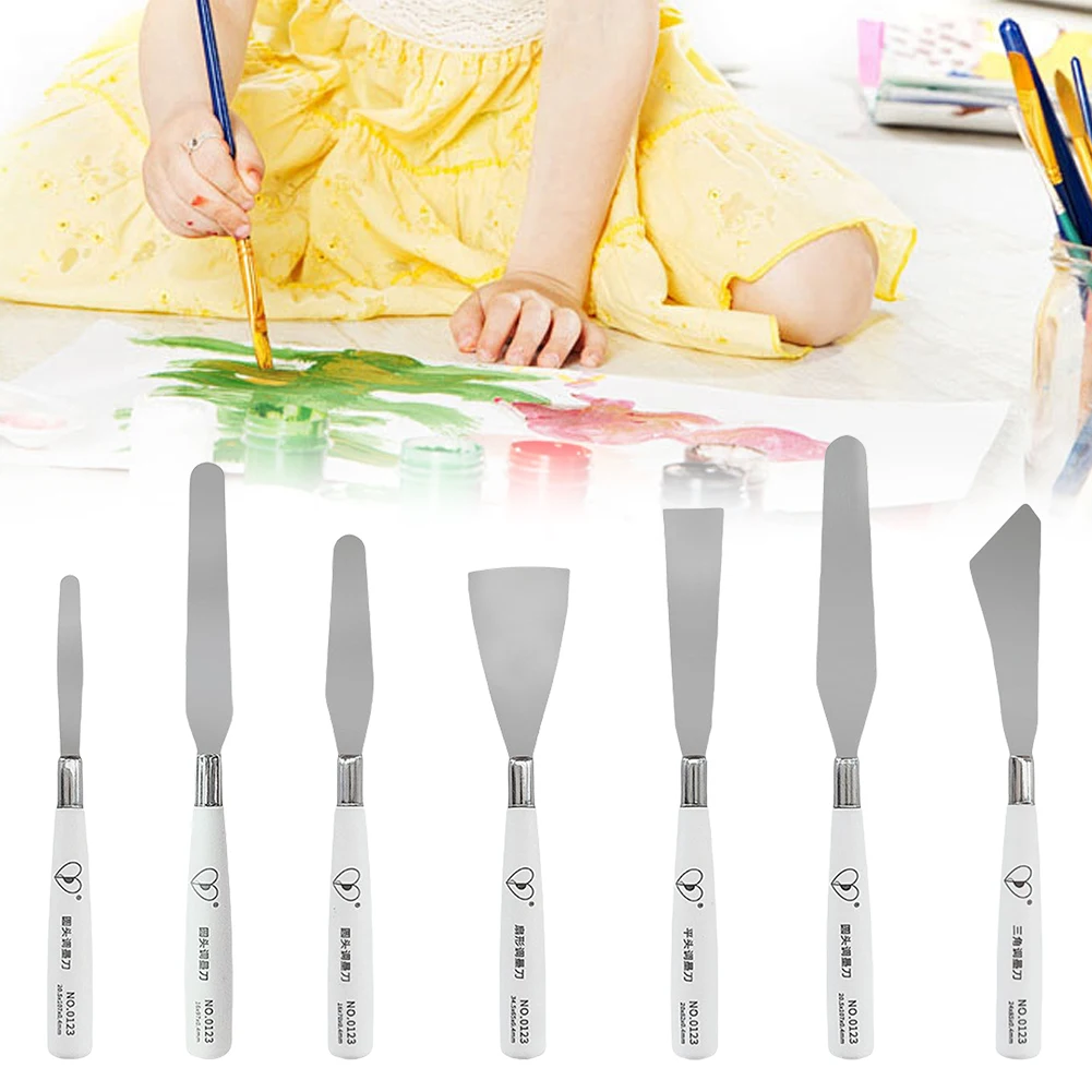 7 ชิ้น/เซ็ตภาพวาดสีน้ํามันมีดสแตนเลสสีมีด Palette ศิลปินไม้พายสีผสม Scraper ภาพวาดมีดอุปกรณ์ศิลปะ
