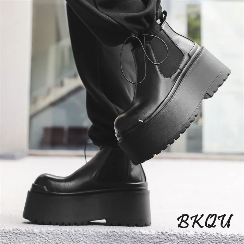 BKQU Chelsea Boots Men's Fashion Winter Classic Basic Increase 10CM Big Head Derby Shoes Platform Platform Shoes A Slip-on