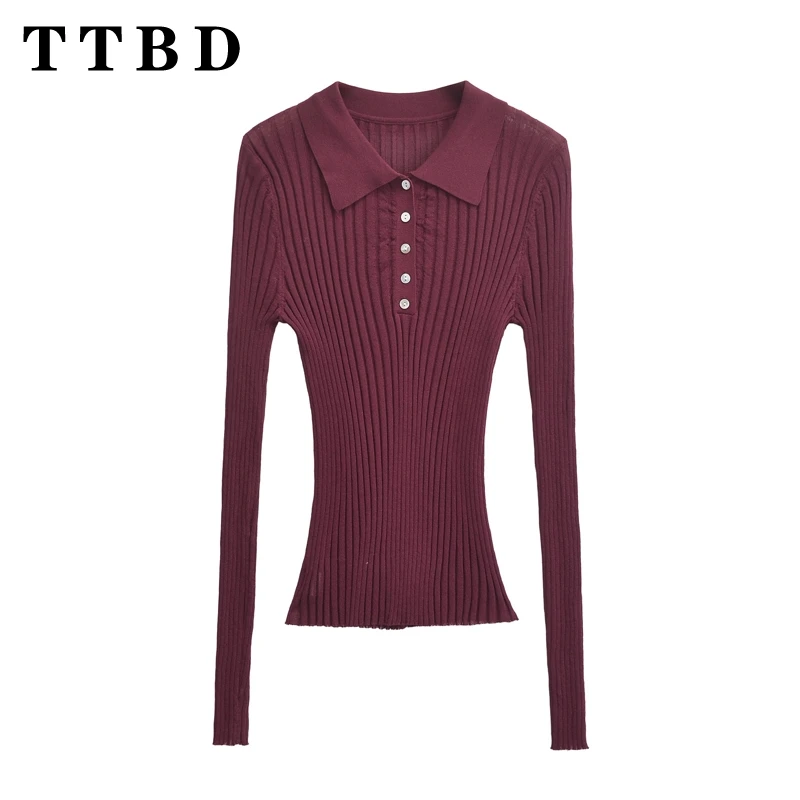 TTBD 2024 New Woman's Autumn Casual Knitted Turn-down Collar Sweater Female Vintage Long Sleeve Jumper Slim Solid Color Knit Top