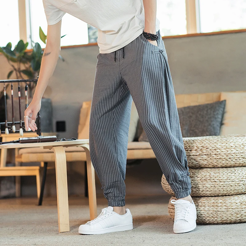 Streetwear Mens Harem Pants Fashion Casual Stripe Men Pants Cotton Linen Trousers Spring Summer Men Woman Sweatpants Big Size