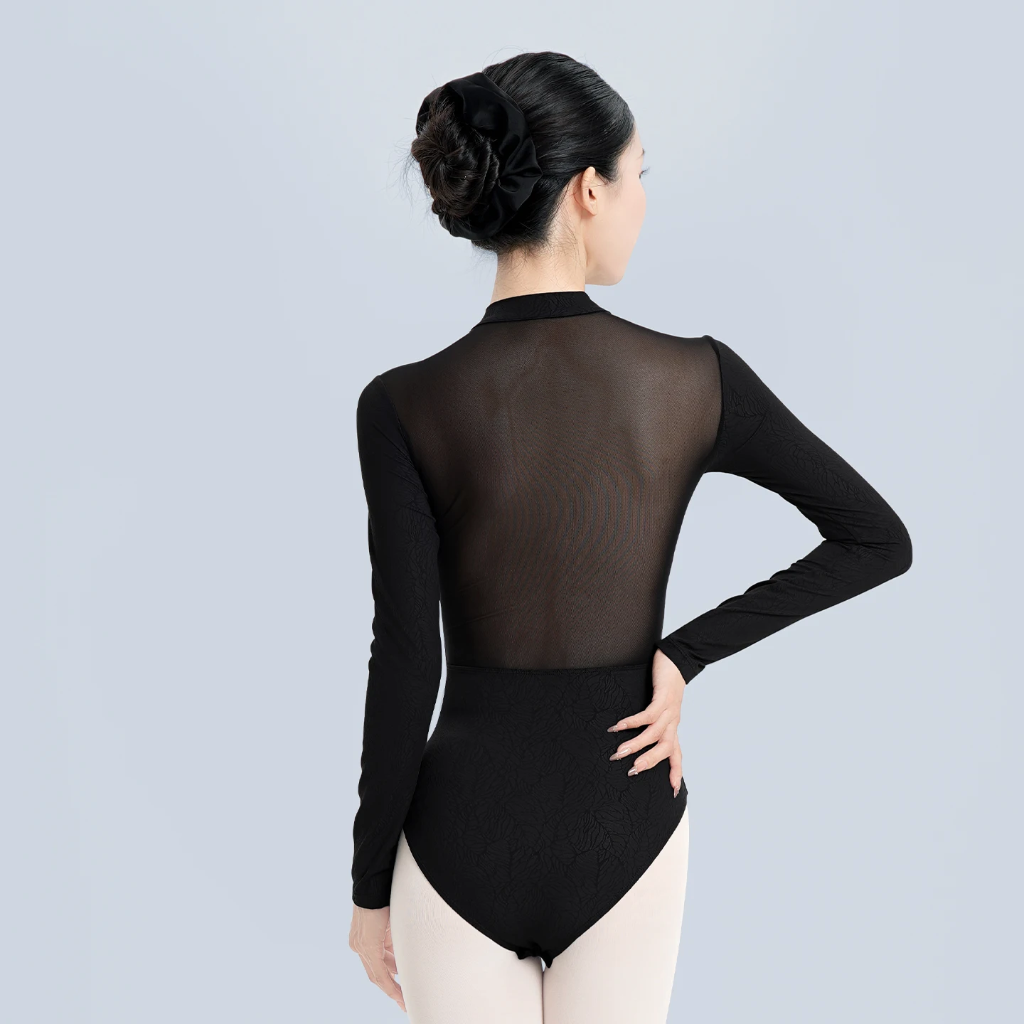 

Women Jacquard Long Sleeves Open Crotch Ballet Leotard Mesh Splice Dance Bodysuit Front Zipper High Stretch Gymnastics Jumpsuit
